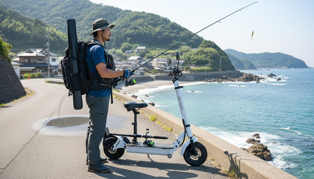 電動キックボードで移動しながら海釣りを楽しむ男性