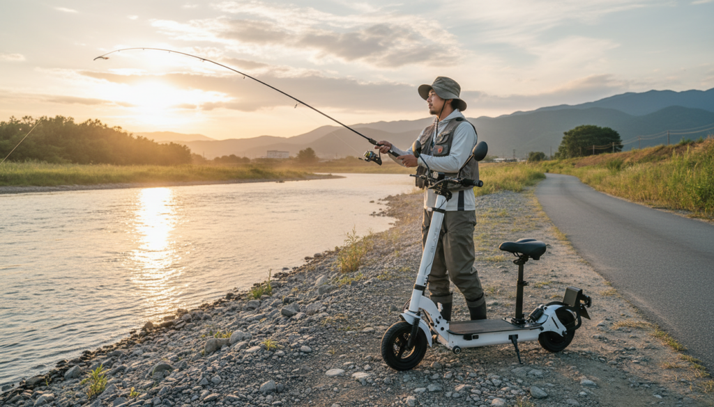 電動キックボードで移動しながら釣りをする男性