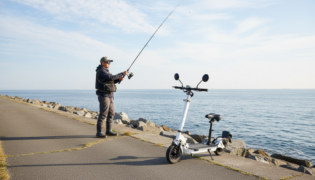 電動キックボードで移動しながら海で釣りをする男性