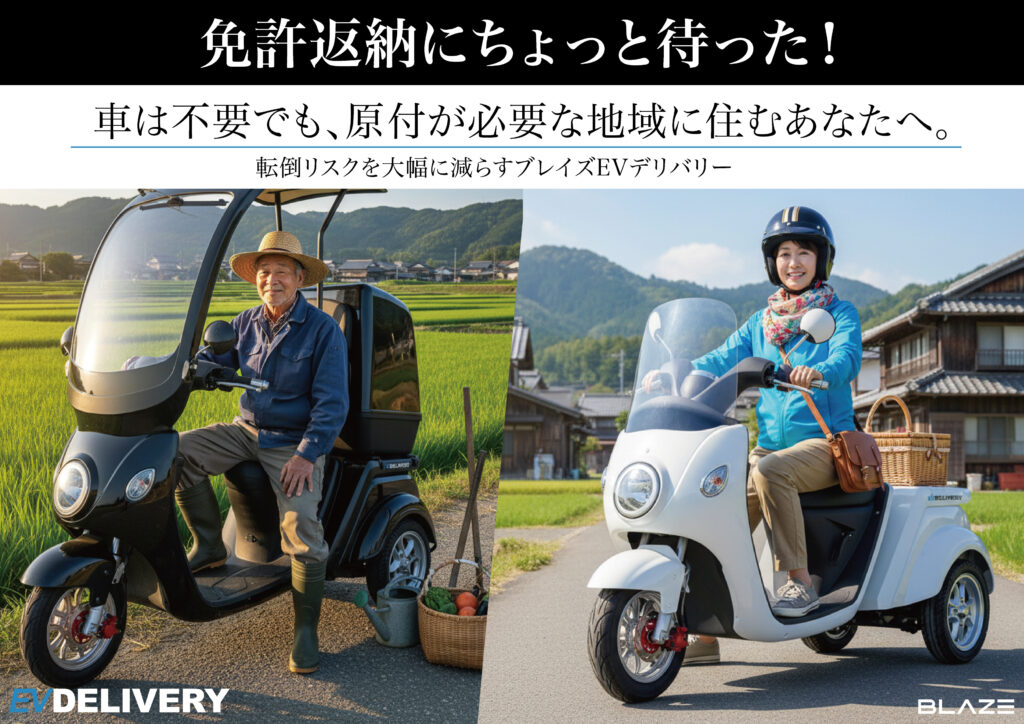 BLAZE ブレイズ EV DELIVERY EVデリバリー  ミニカー 原付　免許返納　免許一部返納　電動屋根付き三輪スクーター　電動三輪スクーター　電動バイク　高齢者