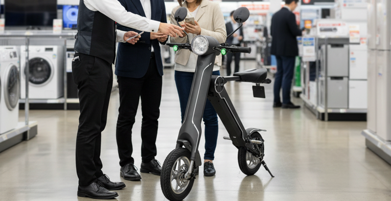 家電量販店で電動バイクがある風景