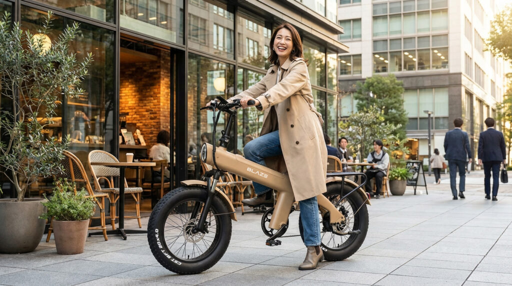 Style e-Bike スタイル e-バイク 電動アシスト自転車 クレイ エディション　限定モデル　特別カラー Clay Edition Blaze　ブレイズ
カフェの前で自転車にまたがる女性