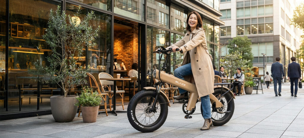 Style e-Bike スタイル e-バイク 電動アシスト自転車 クレイ エディション　限定モデル　特別カラー Clay Edition Blaze　ブレイズ
カフェの前で自転車にまたがる女性
トレンチコート