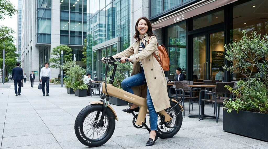 Style e-Bike スタイル e-バイク 電動アシスト自転車 クレイ エディション　限定モデル　特別カラー Clay Edition Blaze　ブレイズ
カフェに前で自転車にまたがる女性