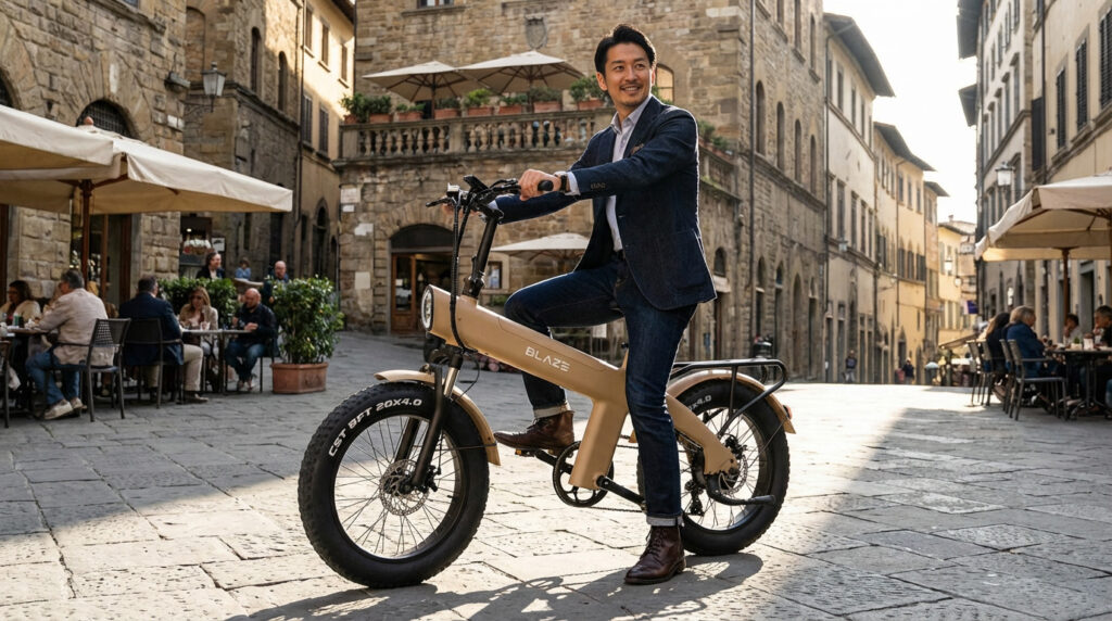 Style e-Bike スタイル e-バイク 電動アシスト自転車 クレイ エディション　限定モデル　特別カラー Clay Edition Blaze　ブレイズ
歴史漂う場所で自転車にまたがるスーツの男性