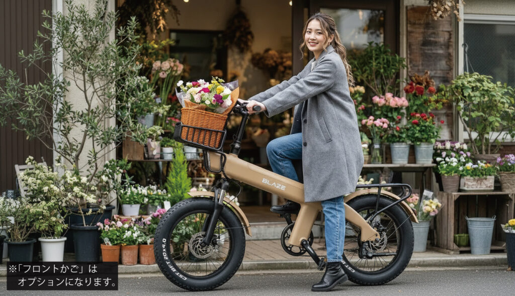 Style e-Bike スタイル e-バイク 電動アシスト自転車 クレイ エディション　限定モデル　特別カラー Clay Edition Blaze　ブレイズ
花屋の前で自転車にまたがる笑顔の女性　トレンチコート