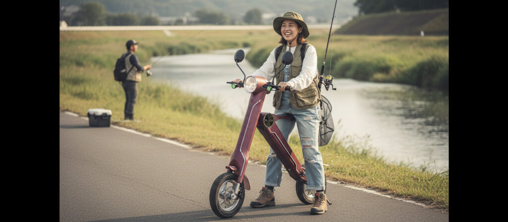 スマートEV 特定原付モデル　ブレイズ　折りたたみバイクで釣りを楽しむ女性