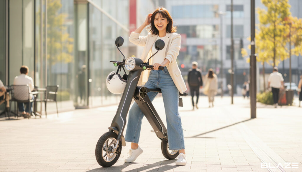 街中で停車するブレイズのスマートEV 特定原付モデル