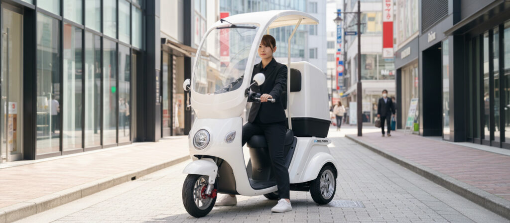 ブレイズ EVデリバリー ルーフ付き電動三輪スクーター　女性が乗っている