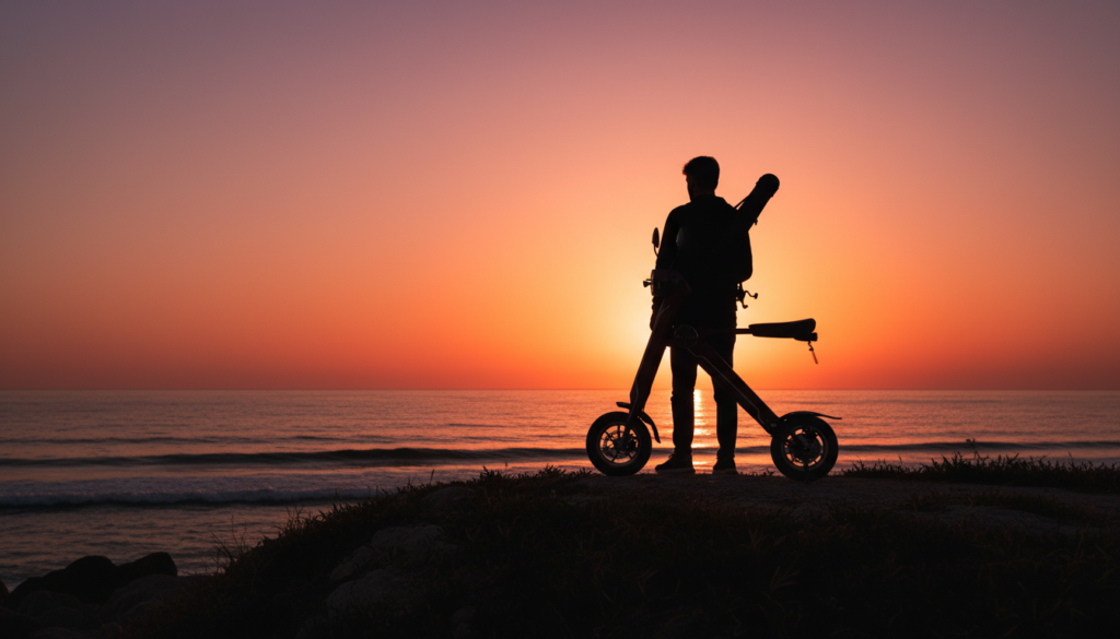 スマートEV 特定原付モデル　ブレイズ　折りたたみバイクで釣りを楽しむ　サンセット　夕日
