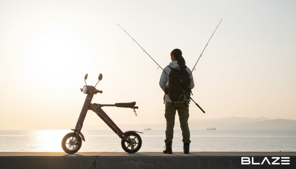 スマートEV 特定原付モデル　ブレイズ　折りたたみバイクで釣りを楽しむ